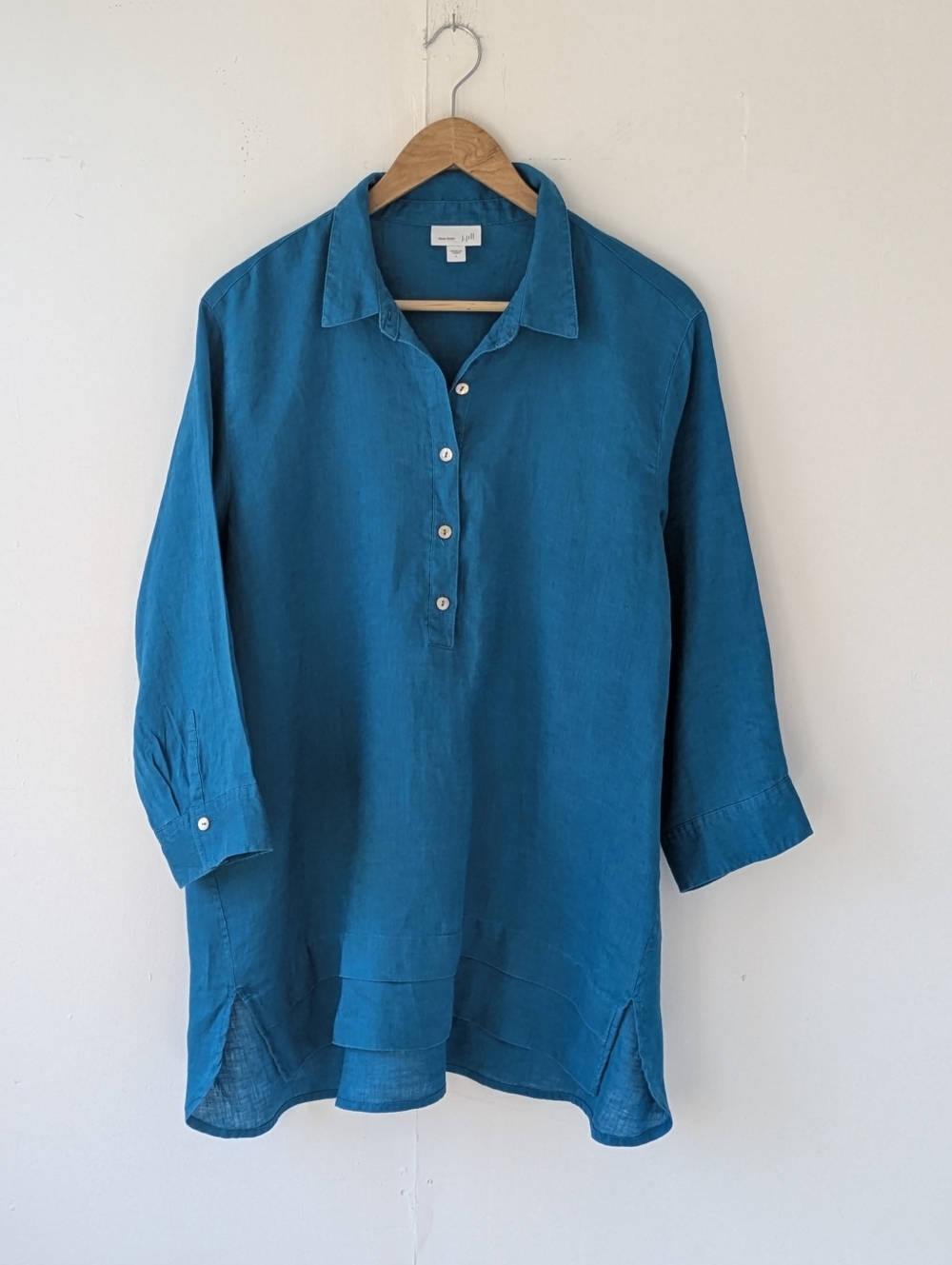 J. Jill 100% Linen Three Quarter Button-down Pullover Blouse Blue Size Large